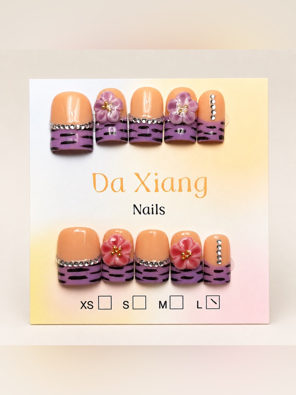 NEW Purple Tiger Stripe French Tip Press-On Nails | 3D Floral Baby Duck | Large